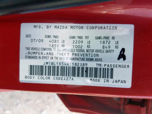 JM1BL1S54A1182389 - 2010 MAZDA 3 S RED photo 10