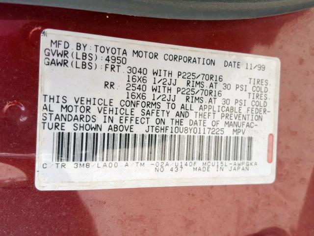 JT6HF10U8Y0117225 - 2000 LEXUS RX 300 MAROON photo 10