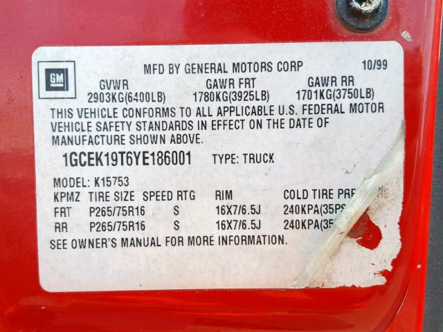 1GCEK19T6YE186001 - 2000 CHEVROLET SILVERADO RED photo 10