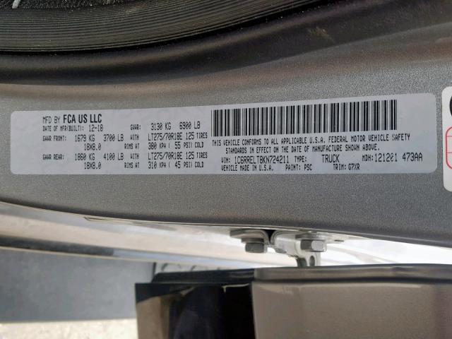 1C6RRELT8KN724211 - 2019 RAM 1500 REBEL ვერცხლისფერი ფოტო 10