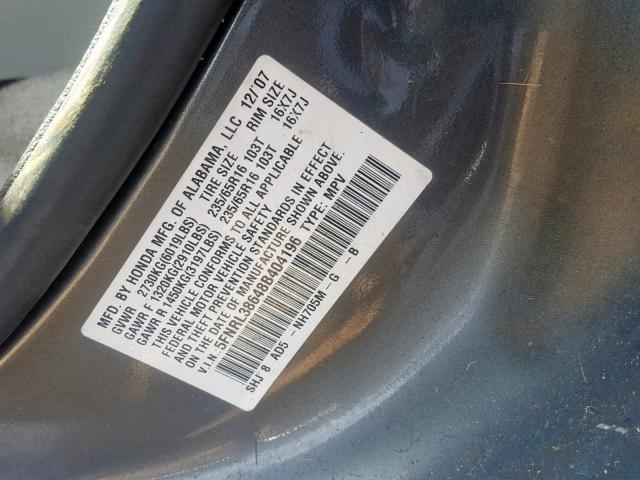 5FNRL38648B404196 - 2008 HONDA ODYSSEY EX GRAY photo 10