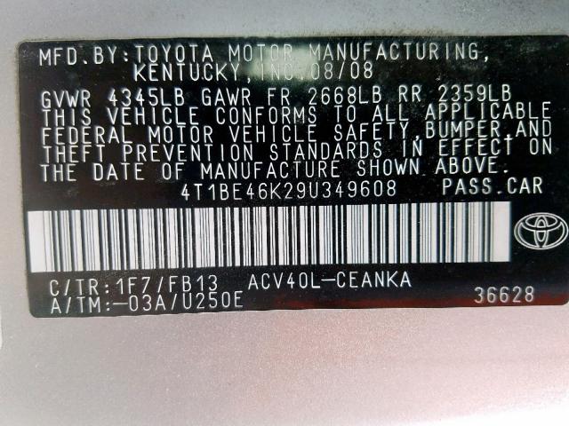 4T1BE46K29U349608 - 2009 TOYOTA CAMRY BASE SILVER photo 10