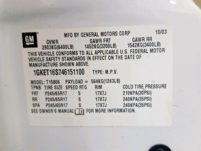 1GKET16S746151100 - 2004 GMC ENVOY XL WHITE photo 10