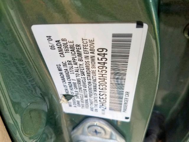 2HGES16304H594549 - 2004 HONDA CIVIC DX V GREEN photo 10