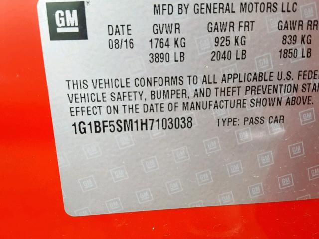 1G1BF5SM1H7103038 - 2017 CHEVROLET CRUZE PREM RED photo 10