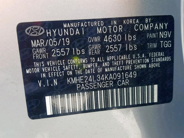 KMHE24L34KA091649 - 2019 HYUNDAI SONATA HYB SILVER photo 10