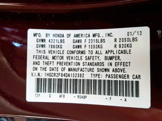 1HGCR2F84DA102592 - 2013 HONDA ACCORD EXL BURGUNDY photo 10