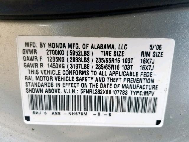 5FNRL382X6B107783 - 2006 HONDA ODYSSEY LX SILVER photo 10