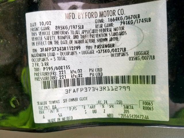 3FAFP37343R112799 - 2003 FORD FOCUS ZX5 BLACK photo 10