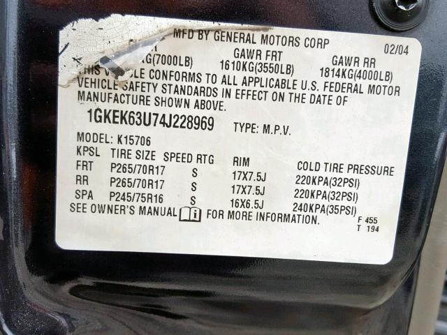 1GKEK63U74J228969 - 2004 GMC YUKON DENA CHARCOAL photo 10