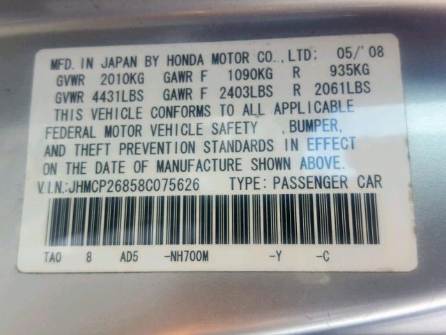 JHMCP26858C075626 - 2008 HONDA ACCORD EXL SILVER photo 10