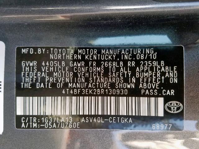 4T4BF3EK2BR130930 - 2011 TOYOTA CAMRY BASE GRAY photo 10