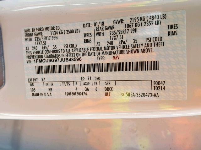 1FMCU9G97JUB48596 - 2018 FORD ESCAPE SE Ақ фото 10