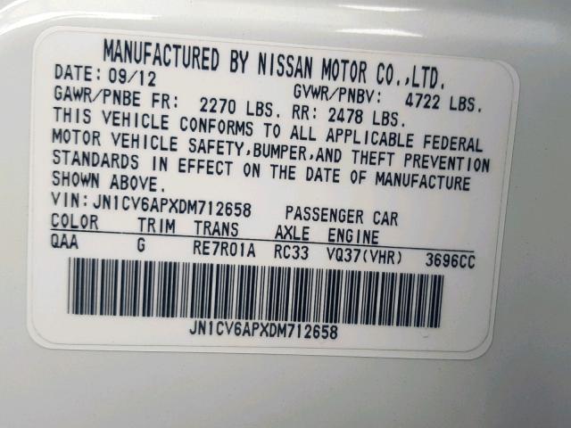 JN1CV6APXDM712658 - 2013 INFINITI G37 BASE WHITE photo 10