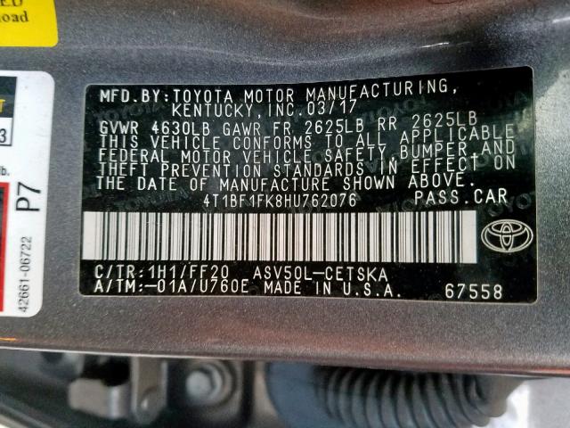 4T1BF1FK8HU762076 - 2017 TOYOTA CAMRY LE SILVER photo 10