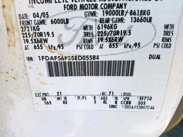 1FDAF56P55ED05584 - 2005 FORD F550 SUPER WHITE photo 10