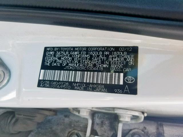 JTDKDTB3XC1004478 - 2012 TOYOTA PRIUS C WHITE photo 10