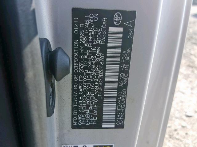 JTKJF5C77B3018787 - 2011 TOYOTA SCION TC ვერცხლისფერი ფოტო 10