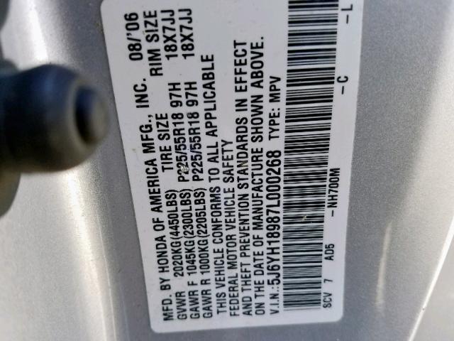 5J6YH18987L000268 - 2007 HONDA ELEMENT SC SILVER photo 10