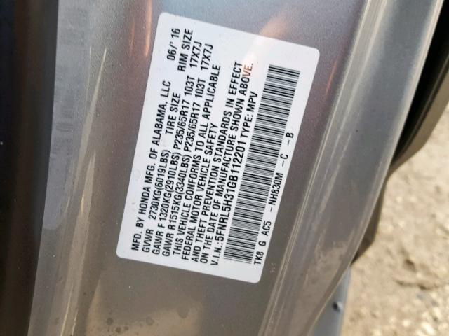 5FNRL5H31GB112201 - 2016 HONDA ODYSSEY SE SILVER photo 10