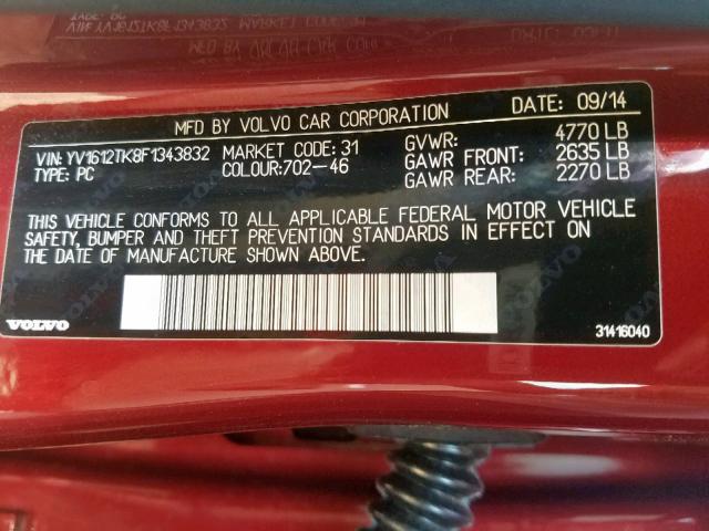 YV1612TK8F1343832 - 2015 VOLVO S60 PREMIE RED photo 10