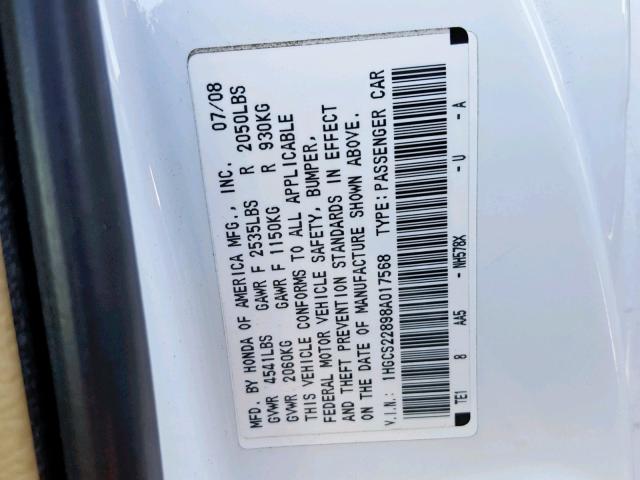 1HGCS22898A017568 - 2008 HONDA ACCORD EXL WHITE photo 10