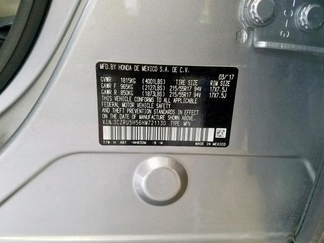 3CZRU5H56HM721130 - 2017 HONDA HR-V EX GRAY photo 10