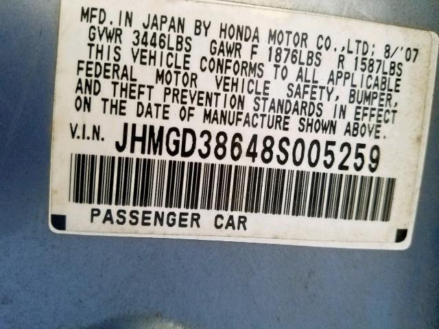 JHMGD38648S005259 - 2008 HONDA FIT SPORT BLUE photo 10