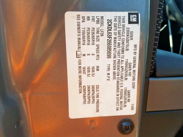 2CKDL63F266085699 - 2006 PONTIAC TORRENT GRAY photo 10