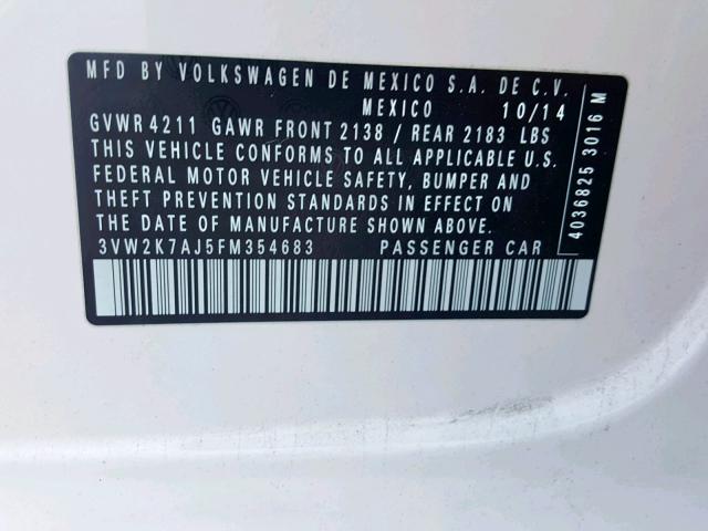 3VW2K7AJ5FM354683 - 2015 VOLKSWAGEN JETTA BASE WHITE photo 10