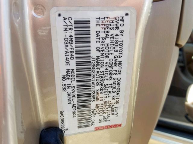 JT2BG22K1W0123595 - 1998 TOYOTA CAMRY CE TAN photo 10