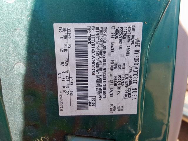 1FTYR14X3WPB10756 - 1998 FORD RANGER SUP GREEN photo 10