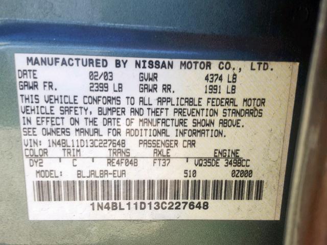 1N4BL11D13C227648 - 2003 NISSAN ALTIMA SE GREEN photo 10