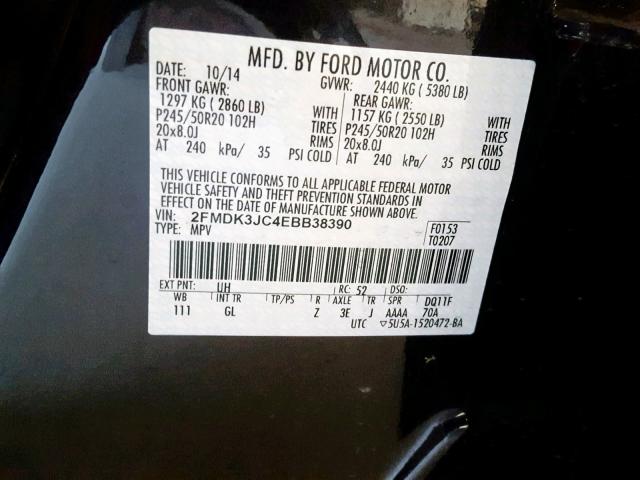 2FMDK3JC4EBB38390 - 2014 FORD EDGE SEL BLACK photo 10