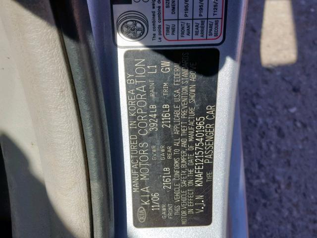 KNAFE121575401965 - 2007 KIA SPECTRA EX SILVER photo 10