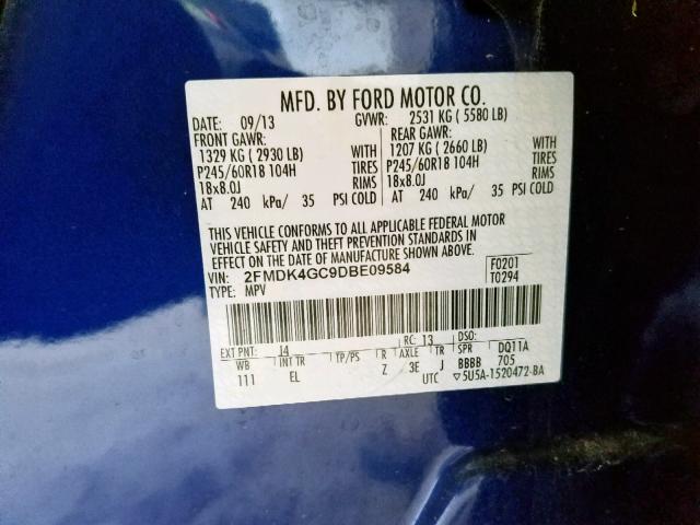 2FMDK4GC9DBE09584 - 2013 FORD EDGE SE BLUE photo 10