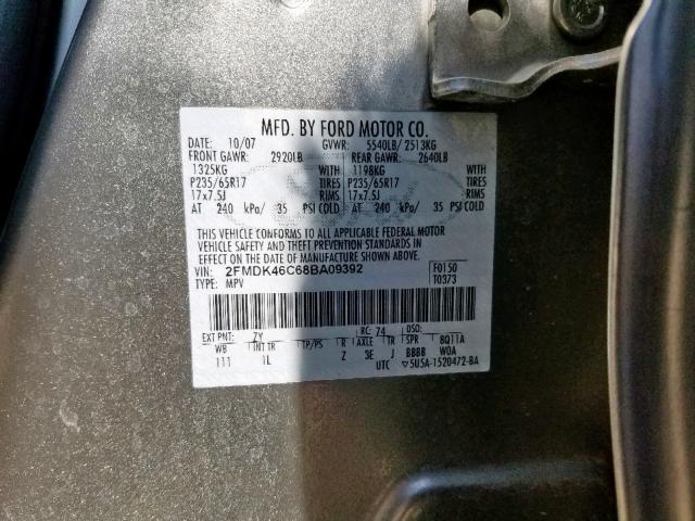 2FMDK46C68BA09392 - 2008 FORD EDGE SE GRAY photo 10