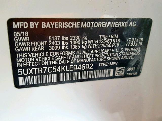 5UXTR7C54KLE94692 - 2019 BMW X3 SDRIVE3 WHITE photo 10