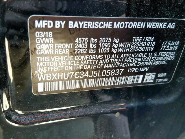 WBXHU7C34J5L05837 - 2018 BMW X1 SDRIVE2 BLACK photo 10