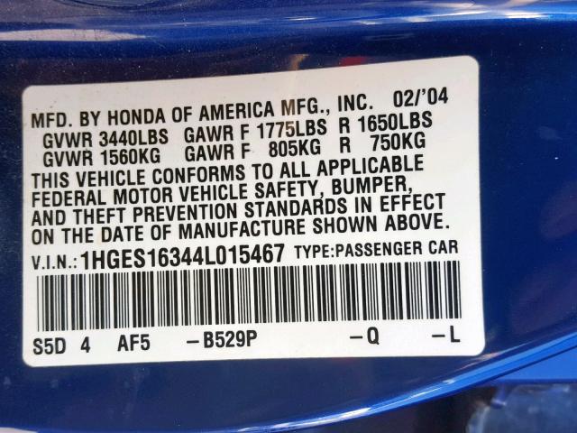 1HGES16344L015467 - 2004 HONDA CIVIC DX V BLUE photo 10