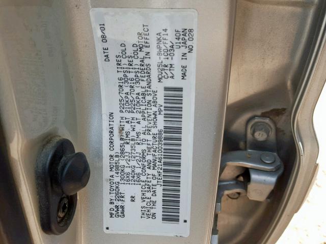 JTEHF21A610039886 - 2001 TOYOTA HIGHLANDER SILVER photo 10