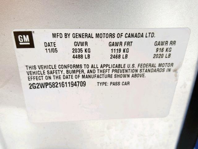 2G2WP582161194709 - 2006 PONTIAC GRAND PRIX SILVER photo 10