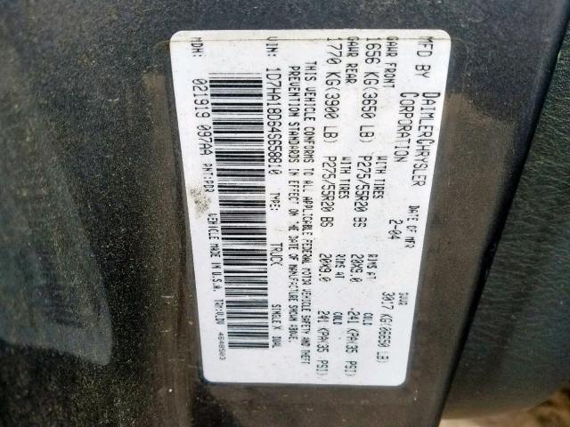 1D7HA18D64S658810 - 2004 DODGE RAM 1500 S GRAY photo 10