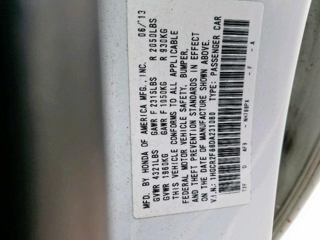 1HGCR2F88DA231080 - 2013 HONDA ACCORD EXL WHITE photo 10