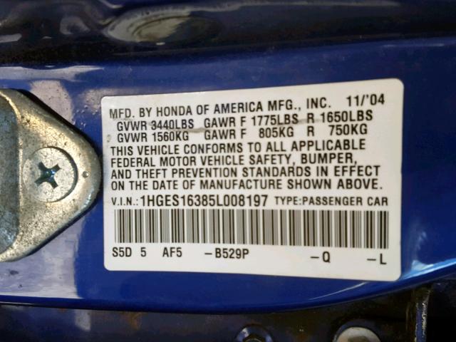 1HGES16385L008197 - 2005 HONDA CIVIC DX V BLUE photo 10