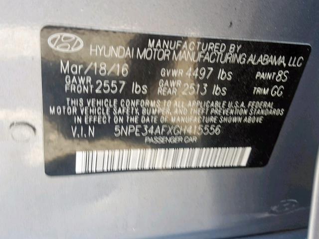 5NPE34AFXGH415556 - 2016 HYUNDAI SONATA SPO SILVER photo 10