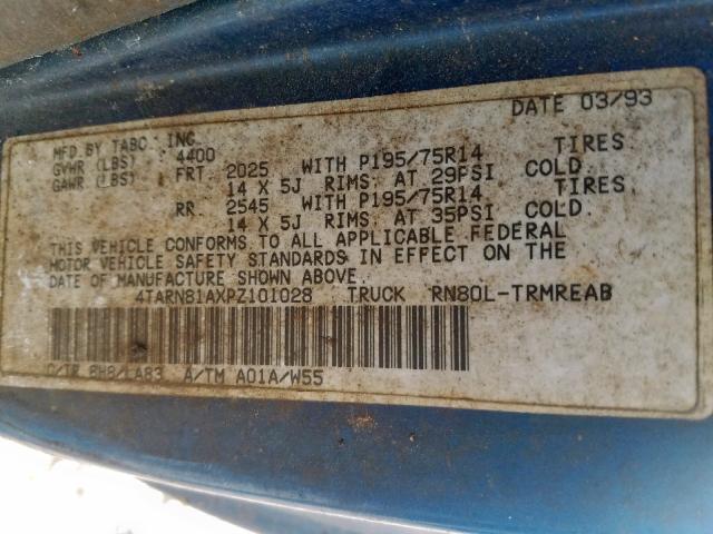 4TARN81AXPZ101028 - 1993 TOYOTA PICKUP 1/2 BLUE photo 10