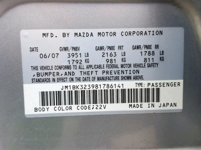 JM1BK323981786141 - 2008 MAZDA 3 S SILVER photo 10