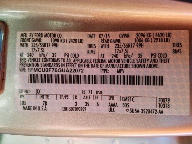 1FMCU0F76GUA22072 - 2016 FORD ESCAPE S SILVER photo 10