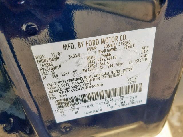 1FTPX12VX8FA95409 - 2008 FORD F150 BLUE photo 10